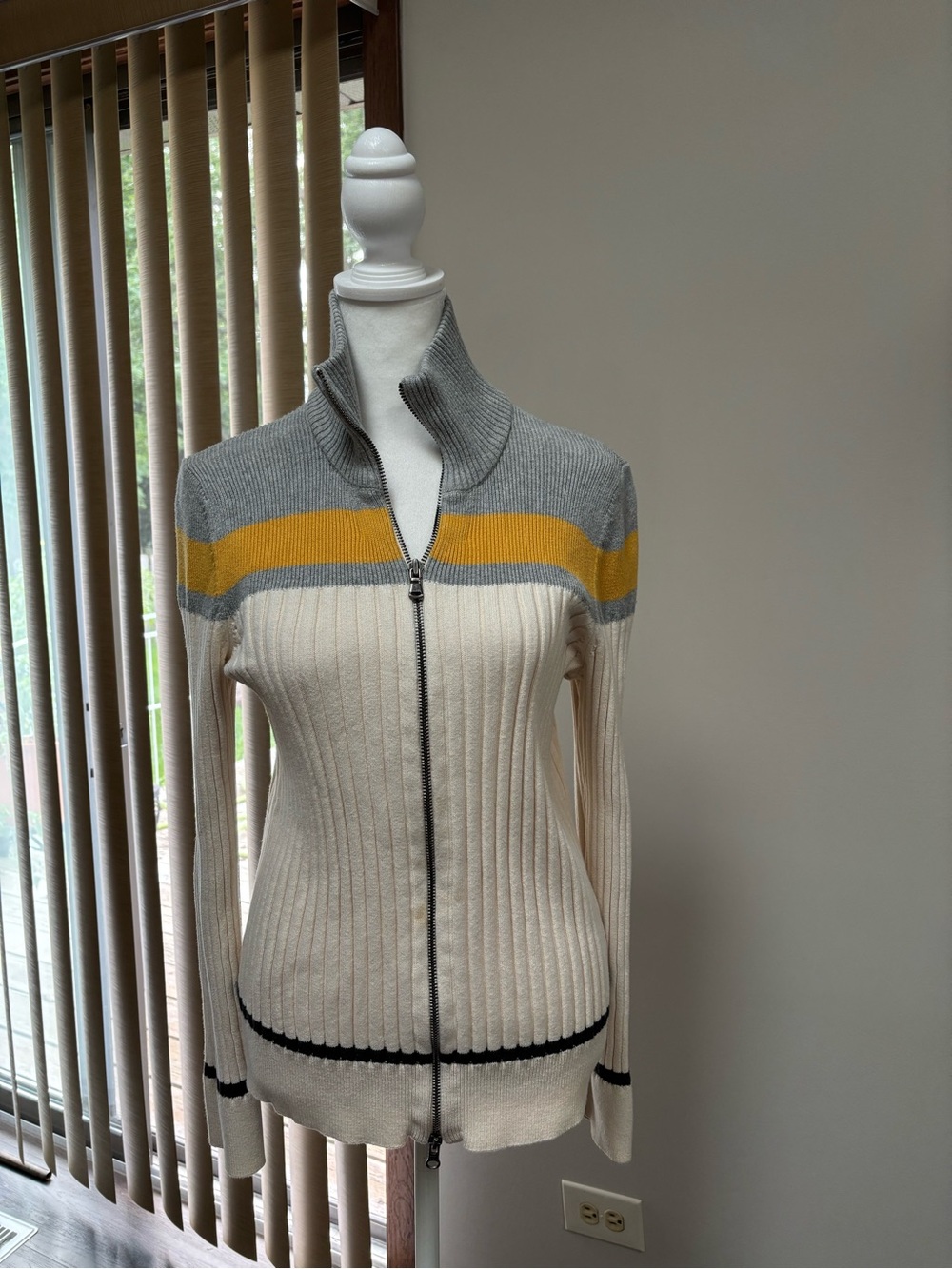 Eddie Bauer Ribbed Zip-Up Sweater Jacket in Cream, Gray & Mustard Stripe